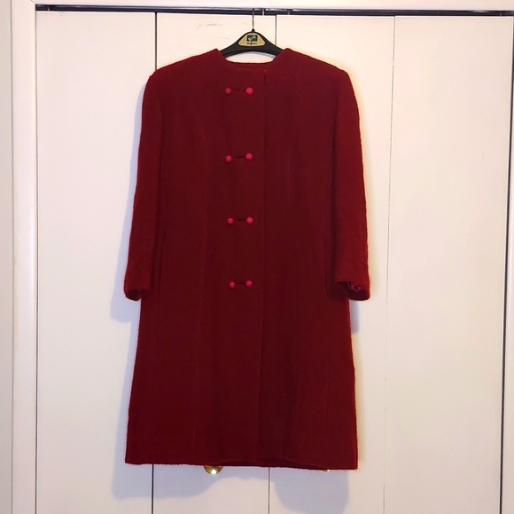 Vintage Jackets & Blazers - Vintage 1960s Maroon Red Knee Length Wool Coat Size Large